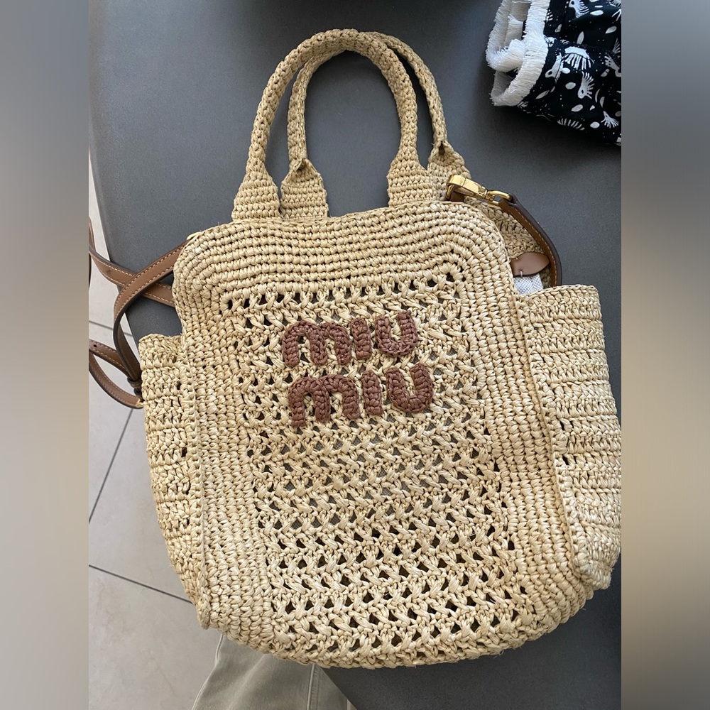 MIU MIU Raffia-effect crochet fabric tote bag